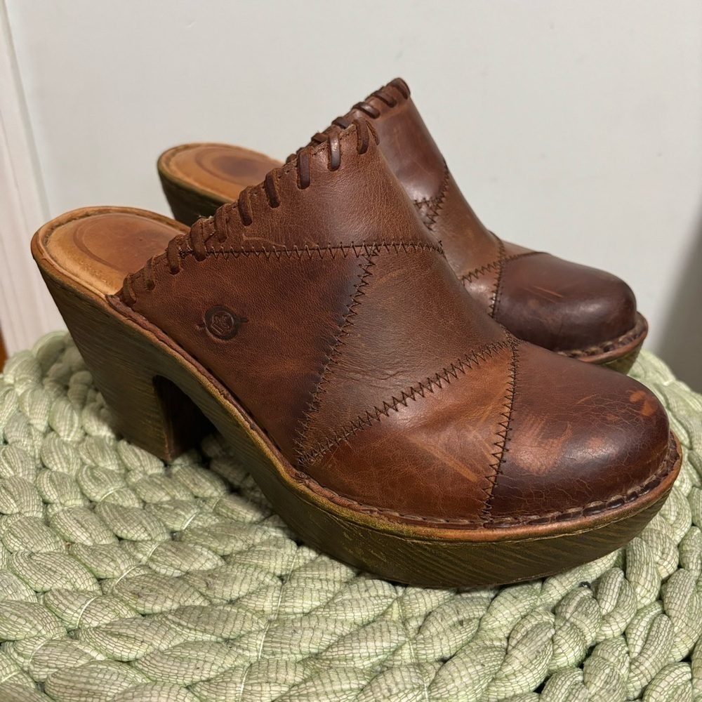 Born Brown Leather Patchwork Slip On Mule Clogs